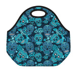 Teal Sugar Skull Flower Pattern Print Neoprene Lunch Bag