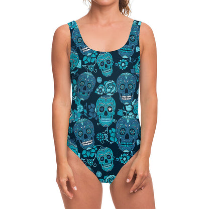 Teal Sugar Skull Flower Pattern Print One Piece Swimsuit