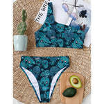 Teal Sugar Skull Flower Pattern Print One Shoulder Bikini Top