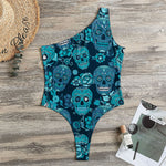 Teal Sugar Skull Flower Pattern Print One Shoulder Bodysuit