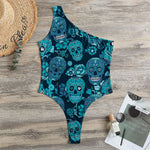 Teal Sugar Skull Flower Pattern Print One Shoulder Bodysuit