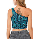 Teal Sugar Skull Flower Pattern Print One Shoulder Crop Top