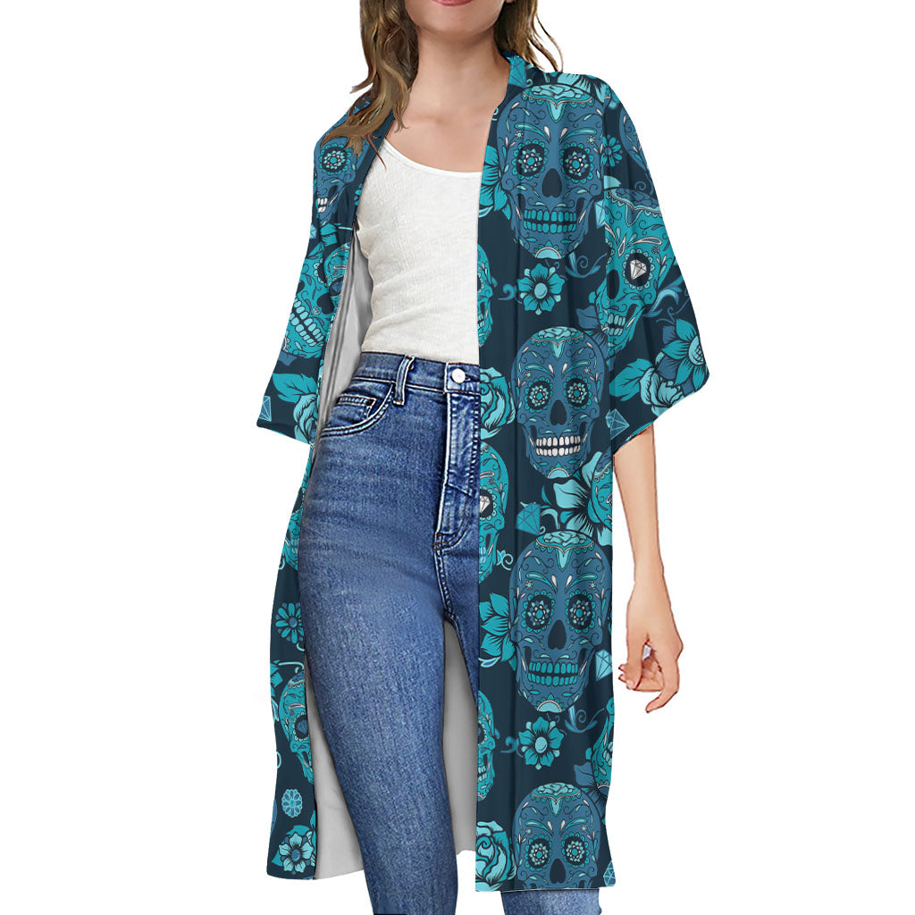 Teal Sugar Skull Flower Pattern Print Open Front Beach Cover Up