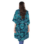 Teal Sugar Skull Flower Pattern Print Open Front Beach Cover Up