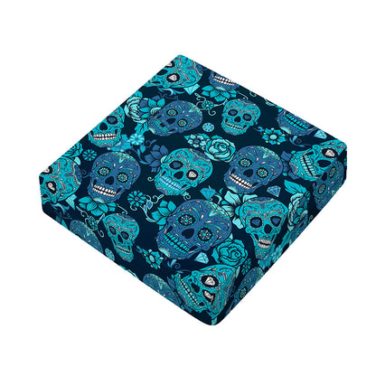 Teal Sugar Skull Flower Pattern Print Outdoor Seat Cushion Cover