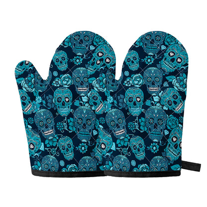 Teal Sugar Skull Flower Pattern Print Oven Mitts