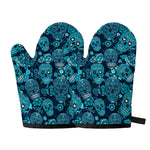 Teal Sugar Skull Flower Pattern Print Oven Mitts