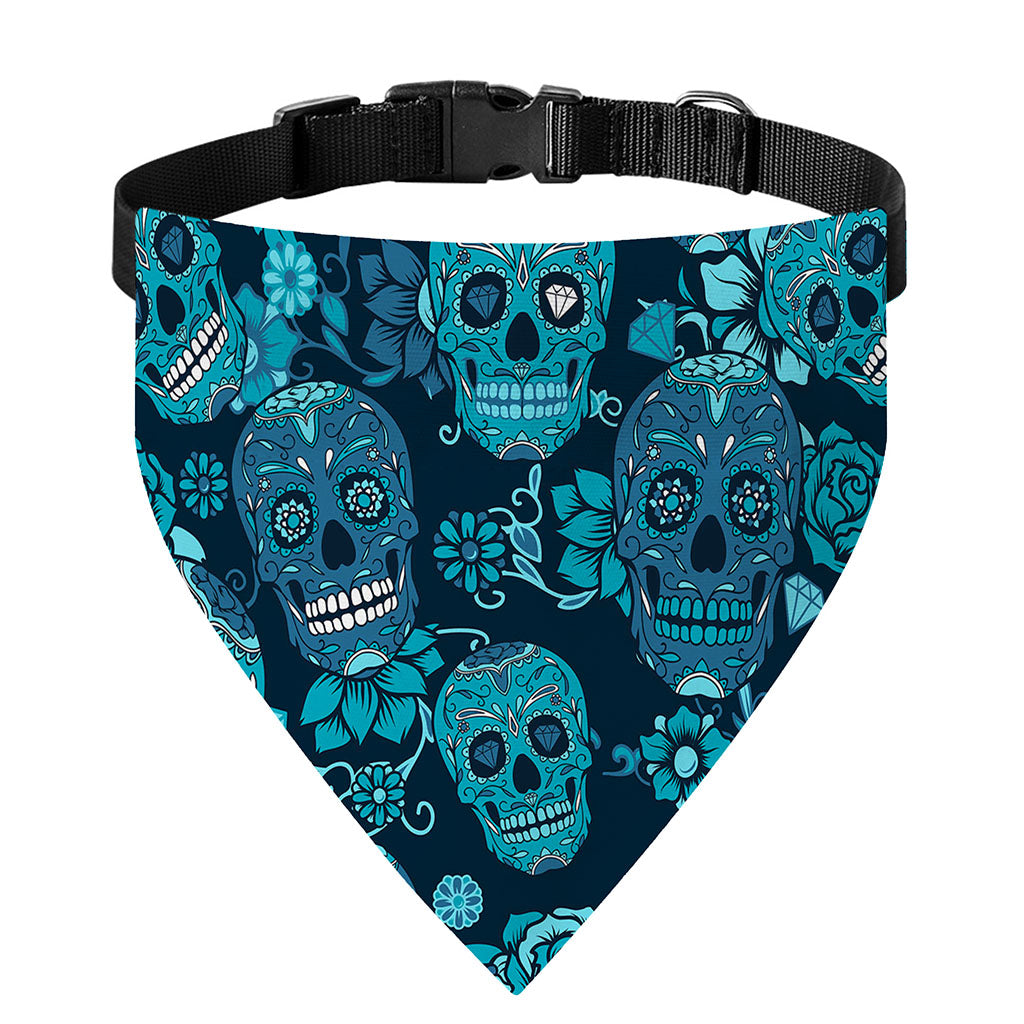Teal Sugar Skull Flower Pattern Print Over The Collar Dog Bandana
