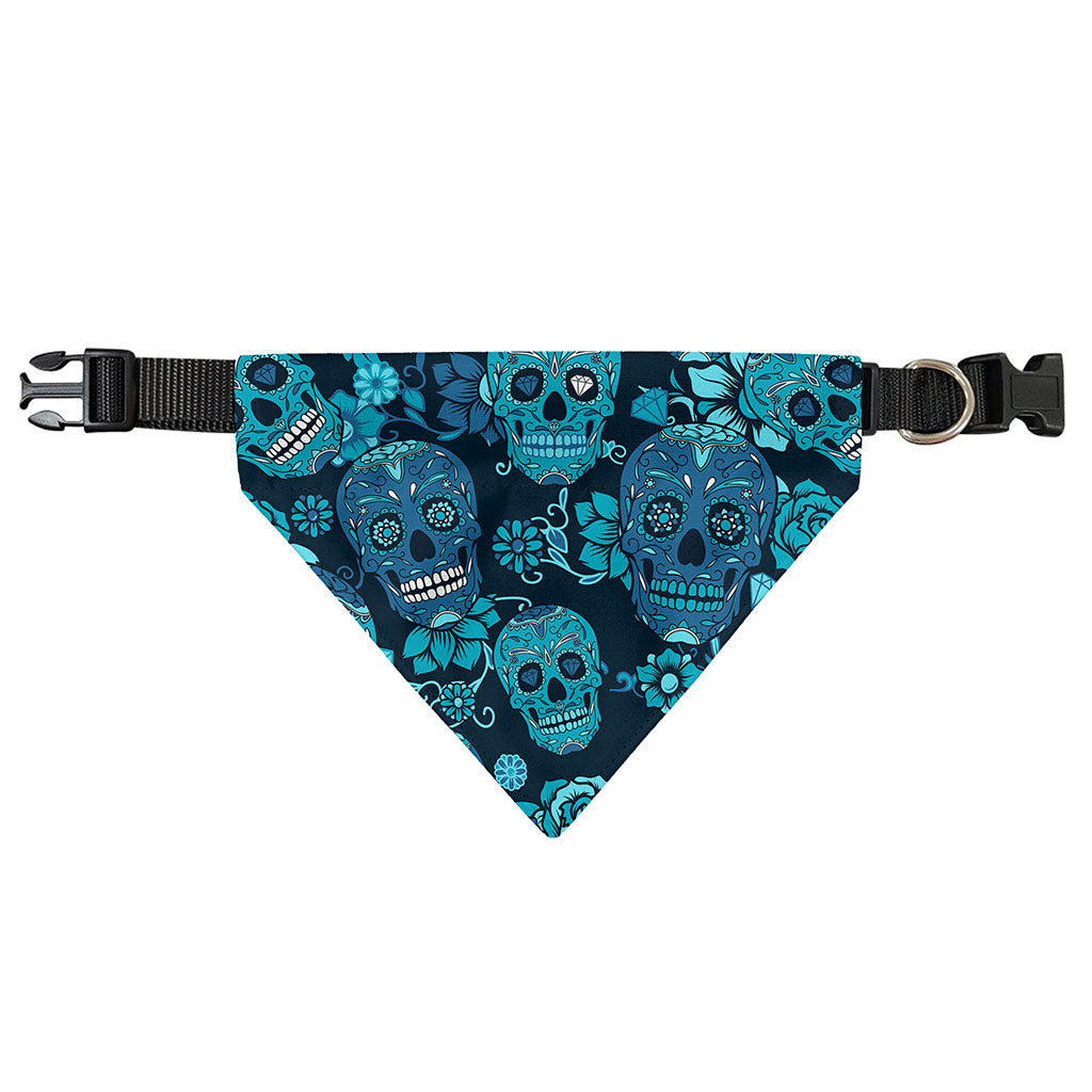 Teal Sugar Skull Flower Pattern Print Over The Collar Dog Bandana
