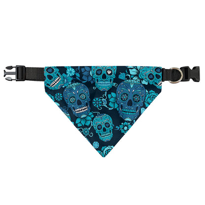 Teal Sugar Skull Flower Pattern Print Over The Collar Dog Bandana