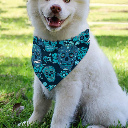 Teal Sugar Skull Flower Pattern Print Over The Collar Dog Bandana