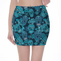 Teal Sugar Skull Flower Pattern Print Pencil Mini Skirt