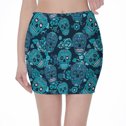 Teal Sugar Skull Flower Pattern Print Pencil Mini Skirt