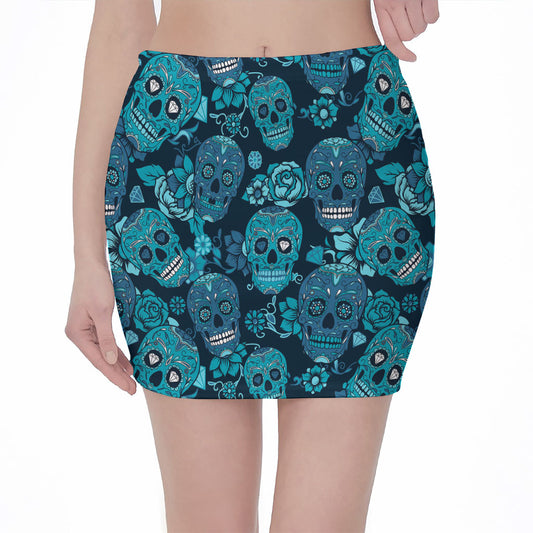 Teal Sugar Skull Flower Pattern Print Pencil Mini Skirt