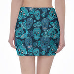 Teal Sugar Skull Flower Pattern Print Pencil Mini Skirt