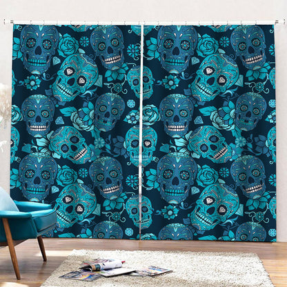 Teal Sugar Skull Flower Pattern Print Pencil Pleat Curtains