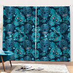Teal Sugar Skull Flower Pattern Print Pencil Pleat Curtains