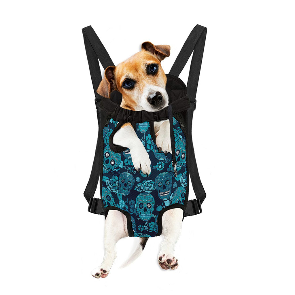 Teal Sugar Skull Flower Pattern Print Pet Carrier Backpack