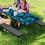 Teal Sugar Skull Flower Pattern Print Picnic Table Cover