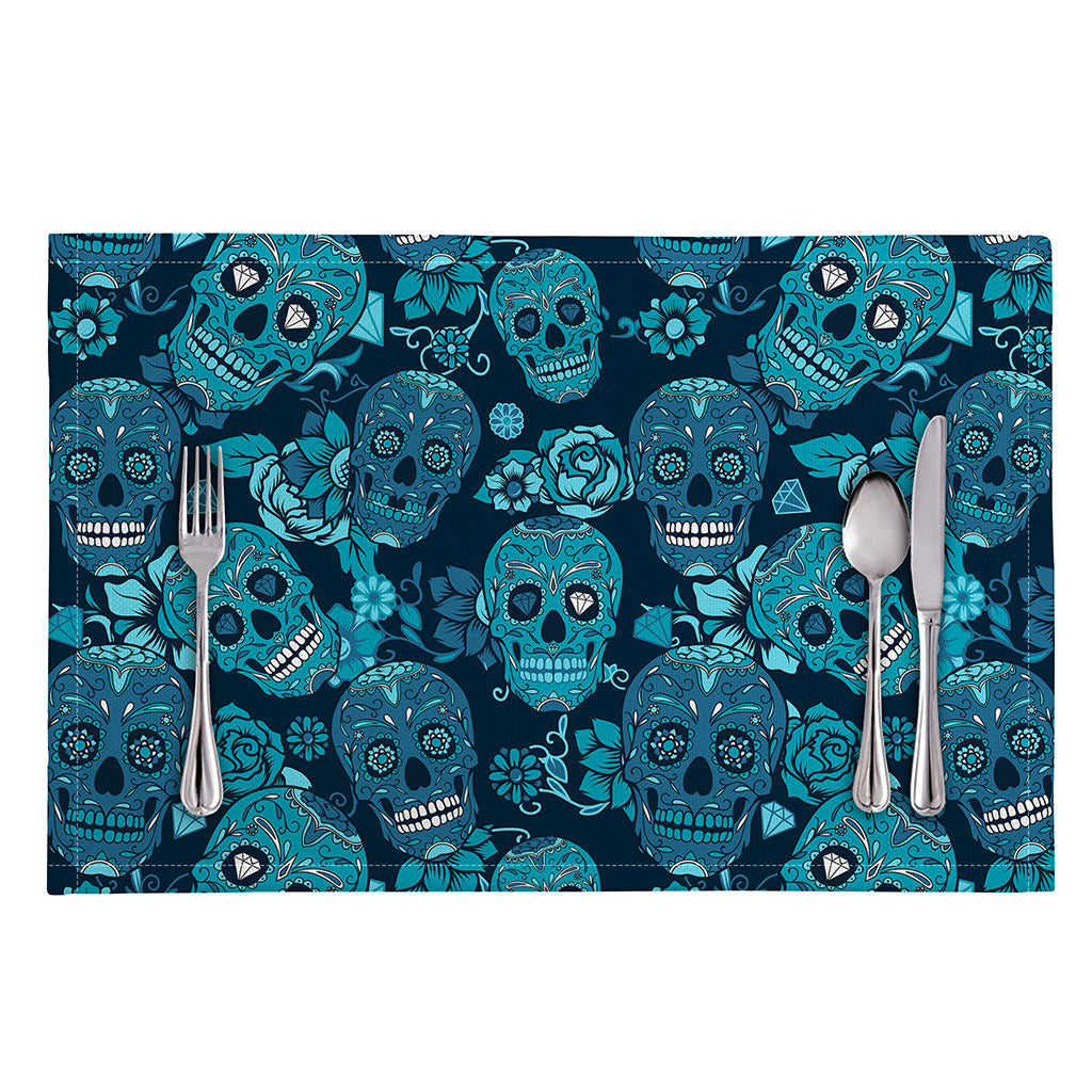 Teal Sugar Skull Flower Pattern Print Placemat