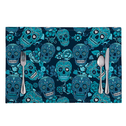 Teal Sugar Skull Flower Pattern Print Placemat