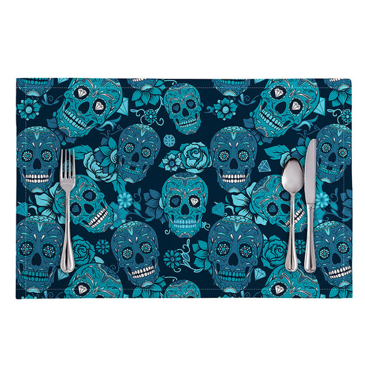 Teal Sugar Skull Flower Pattern Print Placemat