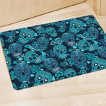 Teal Sugar Skull Flower Pattern Print Polyester Doormat