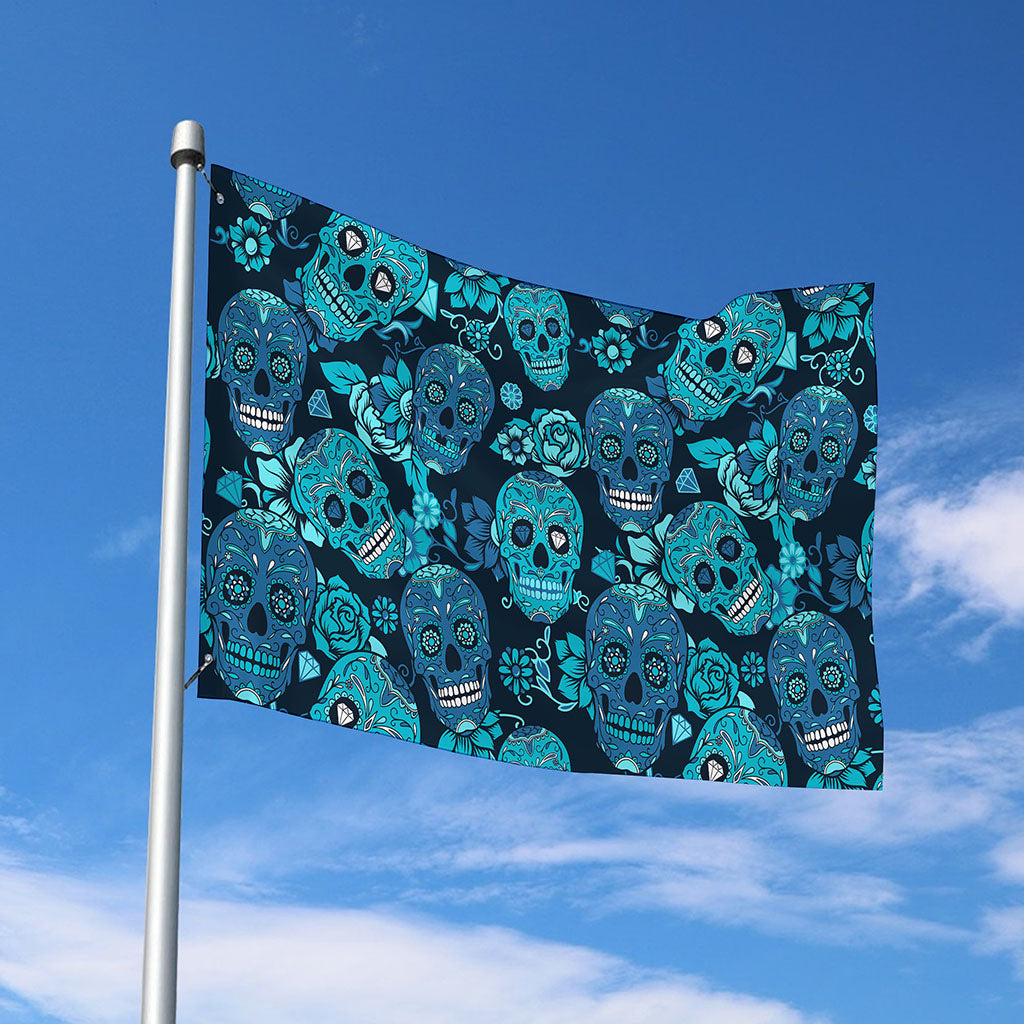 Teal Sugar Skull Flower Pattern Print Polyester Flag