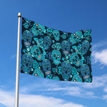 Teal Sugar Skull Flower Pattern Print Polyester Flag