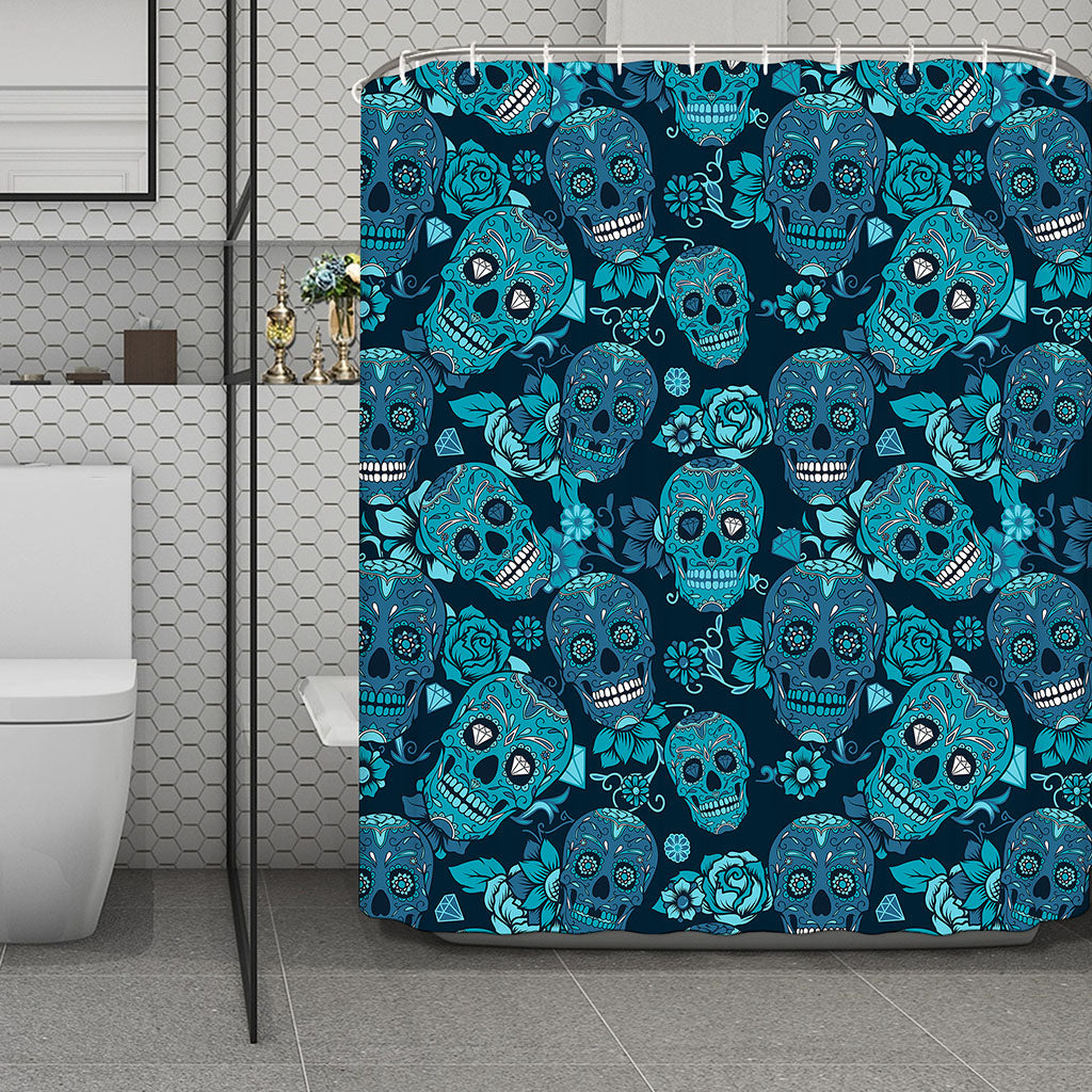 Teal Sugar Skull Flower Pattern Print Polyester Shower Curtain