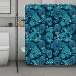 Teal Sugar Skull Flower Pattern Print Polyester Shower Curtain