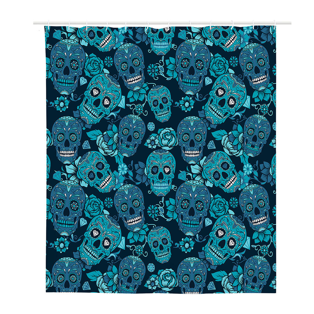 Teal Sugar Skull Flower Pattern Print Polyester Shower Curtain