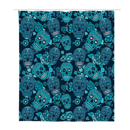 Teal Sugar Skull Flower Pattern Print Polyester Shower Curtain