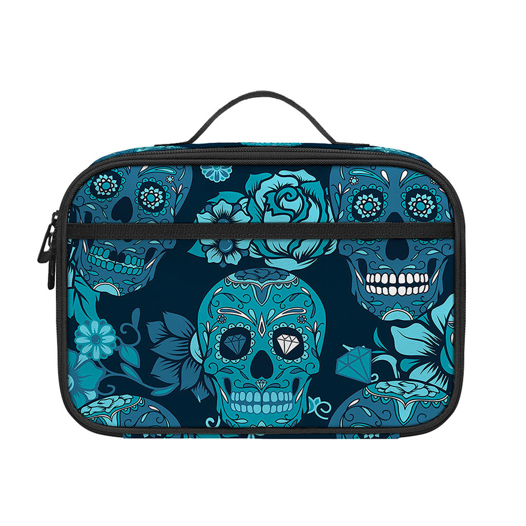 Teal Sugar Skull Flower Pattern Print Portable Lunch Bag