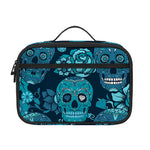 Teal Sugar Skull Flower Pattern Print Portable Lunch Bag