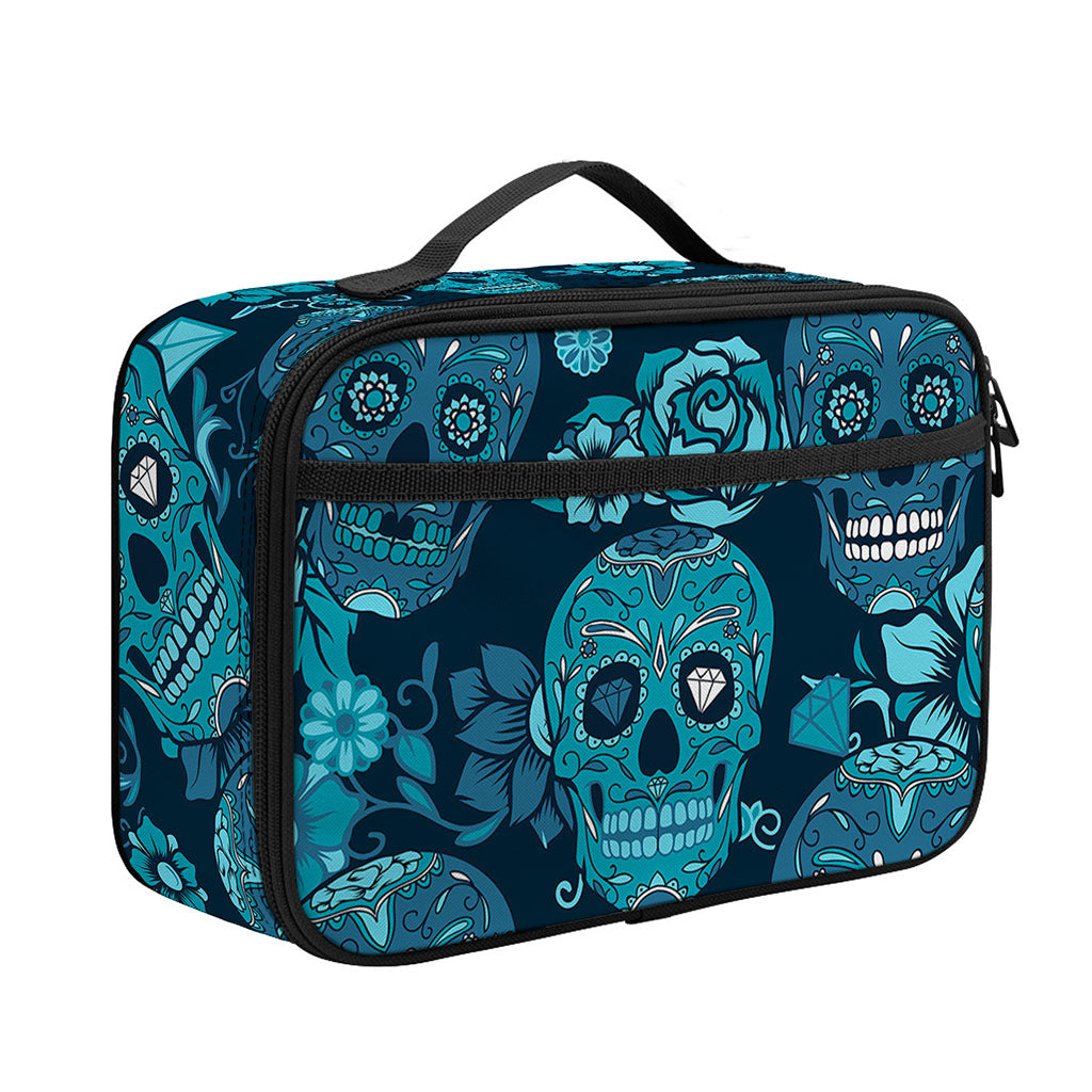 Teal Sugar Skull Flower Pattern Print Portable Lunch Bag