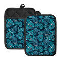 Teal Sugar Skull Flower Pattern Print Pot Holders With Pocket