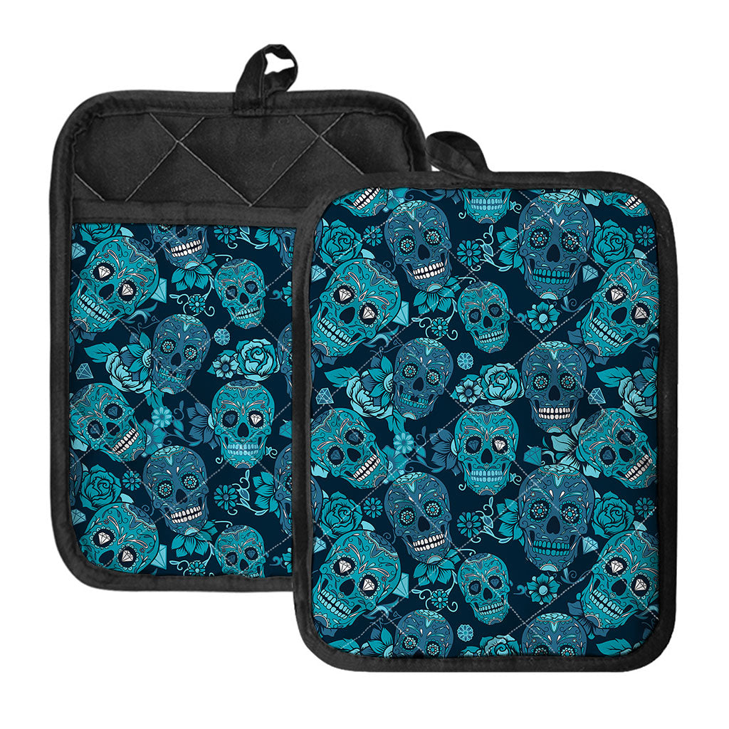 Teal Sugar Skull Flower Pattern Print Pot Holders With Pocket