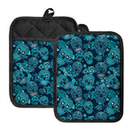Teal Sugar Skull Flower Pattern Print Pot Holders With Pocket