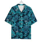 Teal Sugar Skull Flower Pattern Print Rayon Hawaiian Shirt