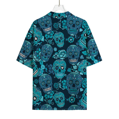 Teal Sugar Skull Flower Pattern Print Rayon Hawaiian Shirt