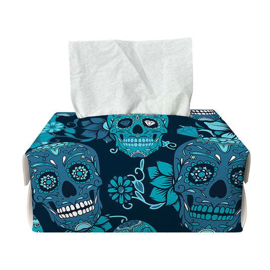 Teal Sugar Skull Flower Pattern Print Rectangle Tissue Box Cover