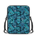 Teal Sugar Skull Flower Pattern Print Rectangular Crossbody Bag