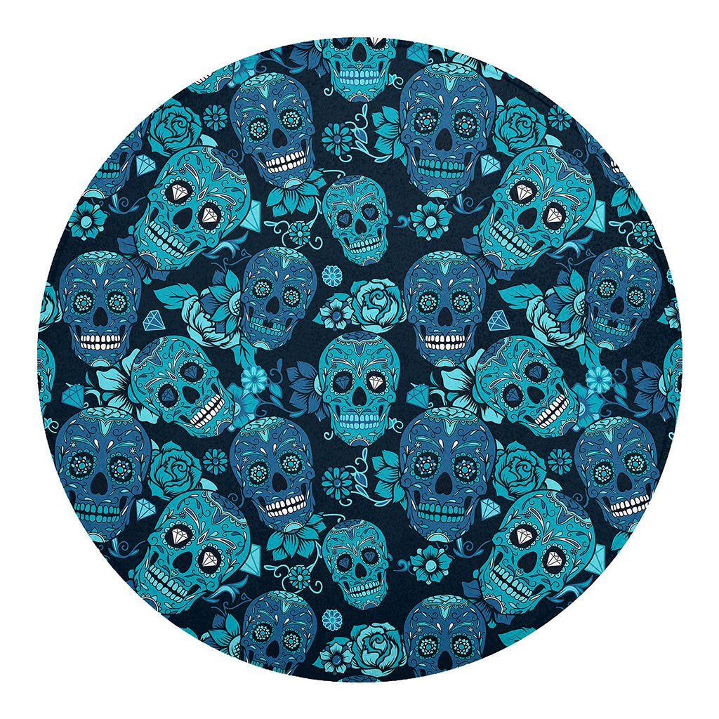 Teal Sugar Skull Flower Pattern Print Round Blanket