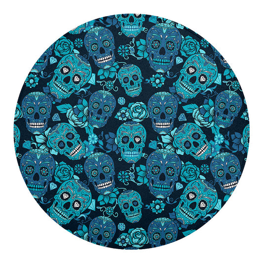 Teal Sugar Skull Flower Pattern Print Round Blanket