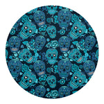 Teal Sugar Skull Flower Pattern Print Round Blanket