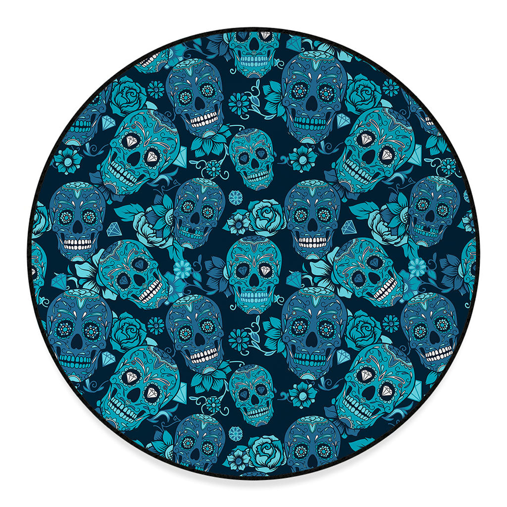 Teal Sugar Skull Flower Pattern Print Round Floor Mat