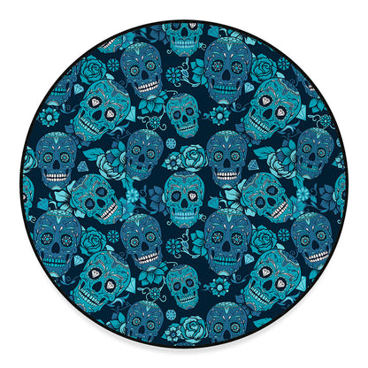 Teal Sugar Skull Flower Pattern Print Round Floor Mat