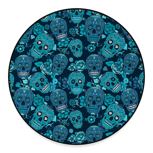 Teal Sugar Skull Flower Pattern Print Round Floor Mat