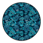 Teal Sugar Skull Flower Pattern Print Round Floor Mat